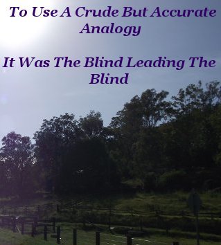 To use a crude but accurate analogy, it was the blind leading the blind To use a crude but accurate analogy, it was the blind leading the blind